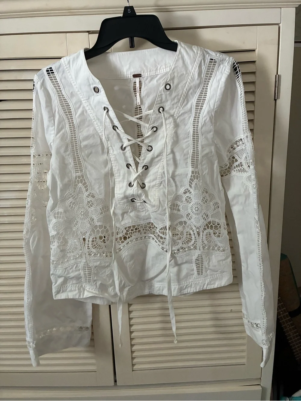 Free People White Lace-Up Crochet Peasant Blouse